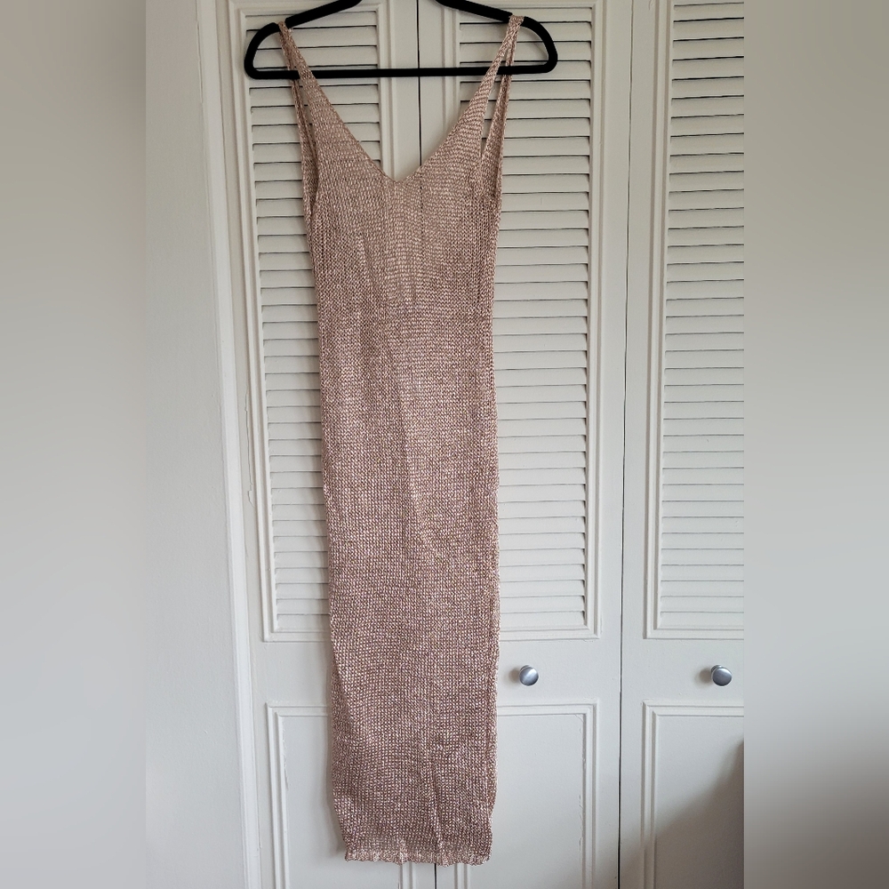 FashionNova Metallic Rose Gold Crochet Maxi Coverup Dress S Small